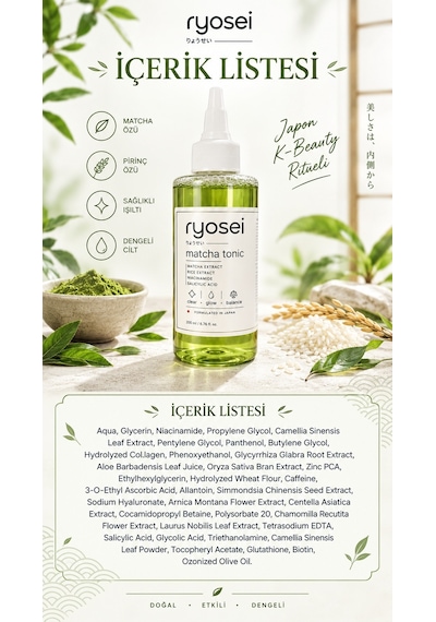 Ryosei Matcha Yüz Toniği 200 Ml Matcha & Pirinç Özlü Niacinamide + Salisilik Asit Japon Formüllü