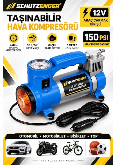 12v Araç Çakmak Girişli Taşınabilir Hava Kompresörü 150 Psı Göstergeli Ve Işıklı Lastik Şişirme Pompası Mavi
