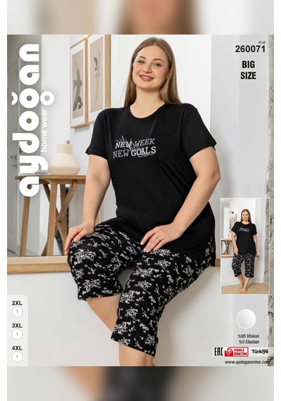 Aydoğan Kadın İnci Büyük Beden Siyah Kapri Pijama Takım 0071 Siyah