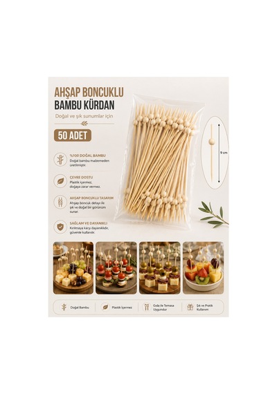 Ahşap Boncuklu Bambu Kürdan 9 Cm 50 Adet - 913954305