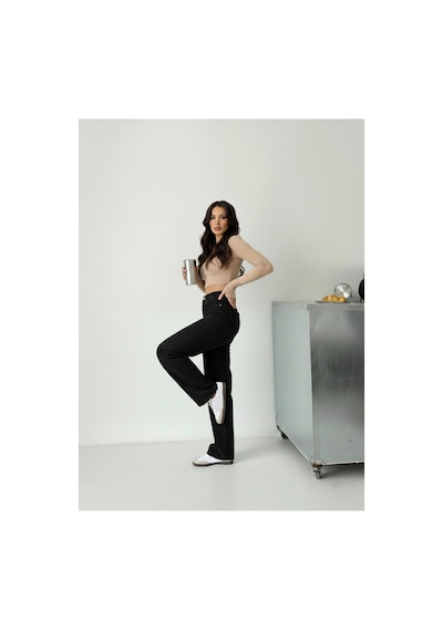 Kene Jeans Kadın Yüksek Bel Siyah Boyfriend Bol Paça Denim Kot Pantolon Siyah
