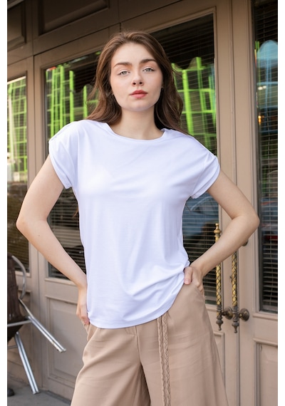 Kadın Modal Penye Geniş Sıfır Yaka Düşük Omuzlu Apoletli Kısa Kol T-shirt Bluz-beyaz Beyaz Kadın Modal Penye Geniş Sıfır Yaka Düşük Omuzlu Apoletli Kısa Kol T-shirt Bluz-beyaz Beyaz