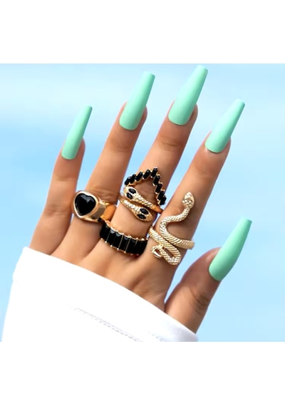 Girift Vintage Bane Yılan Ve Kalp Figürlü Taşlı Yüzük Seti Siyah