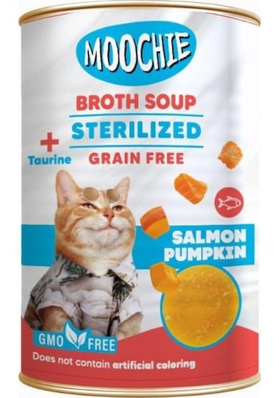 Moochie Kısırlaştırılmış Somonlu Bal Kabaklı Tahılsız Et Suyu Kedi Çorbası 135 ML
