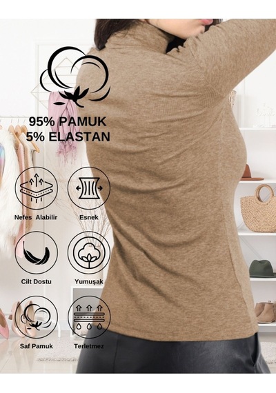 Alya Underwear Pamuklu Kaşkorse V Yaka Body Sweatshirt, Fitilli Kumaş Likralı Bluz, Asker Yeşili Badi Kahve Melanj
