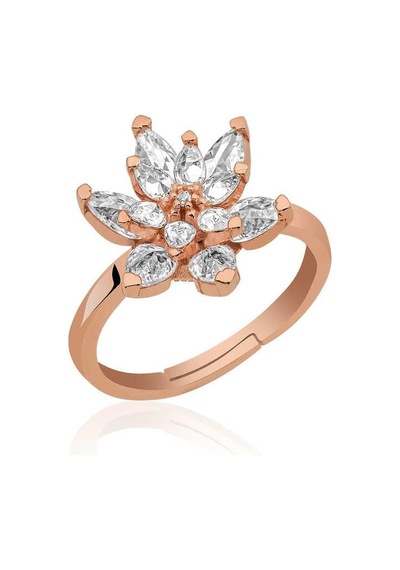 Gümüş Rose Beyaz Taşlı Lotus Çiçeği Yüzük Gümüş