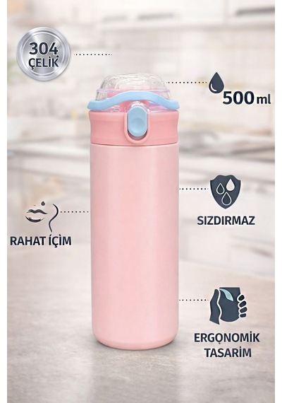 304 Çelik Pembe 500 Ml Kulplu Pipetli Çocuk Matara Suluk Mt241pm Pembe