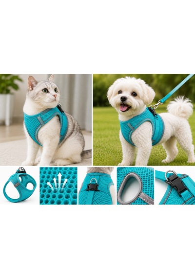 Nefes Alan Kumaş Air Mesh Kedi Köpek Göğüs Tasması Medium 44x48 Cm Turkuaz