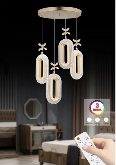 4'li Gold Kaplama Sarkıt Kumadalı Led Salon Avize 3 Renk Ledli Gold