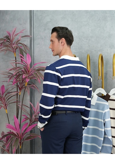 Modefendi Pamuk Likra Slim Fit Örgü Yatay Desen Yaka Şerit Detaylı Polo Yaka Kazak Lacivert Modefendi Pamuk Likra Slim Fit Örgü Yatay Desen Yaka Şerit Detaylı Polo Yaka Kazak Lacivert