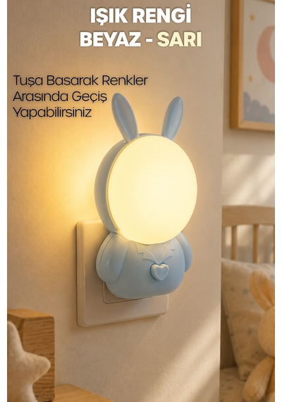 Gece Lambası Tavşan Tip 2 Mod Sarı-beyaz Işık Tuşlu Koridor Hol Işığı Uyuma Işığı Turkuaz K6821 Mavi