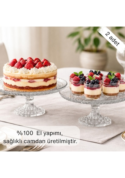 Selen Concept Damla Model Ayaklı Cam Yuvarlak Kek Ve Pasta Sunumluk 2'li Set Şeffaf