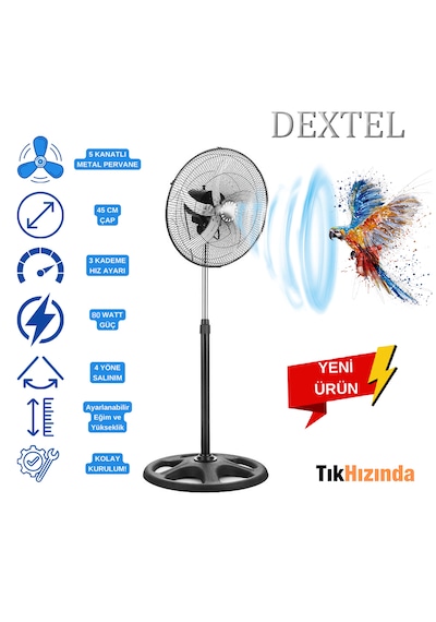 Hi-Link Vantilatör 5 Metal Kanatlı 3 Kademe 18" Sanayi Tipi - 80W Siyah