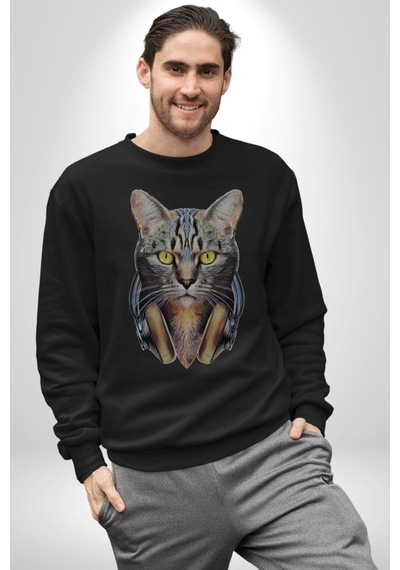 Kulaklık Kedi Unisex Siyah Baskılı Sweatshirt Siyah