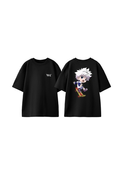 Thewert Chibi Young Hunter Tasarım Sırt Baskılı Pamuk Siyah Oversize T-shirt