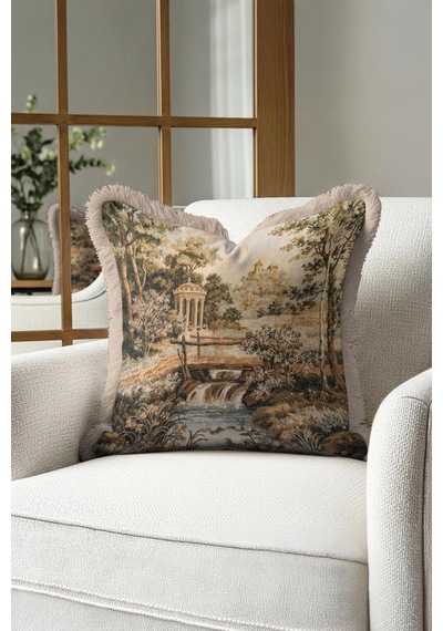 Vintage Saray Bahçe Tablosu Lüx Saçaklı Yastık Kılıfı-antik Klasik Bej Püsküllü Kırlent Kılıfı Pastel Orman Gri Vintage Saray Bahçe Tablosu Lüx Saçaklı Yastık Kılıfı-antik Klasik Bej Püsküllü Kırlent Kılıfı Pastel Orman Gri