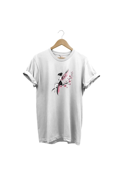 Peri Kızı Baskılı Şık Tatlı %100 Pamuk Regular Fit Bisiklet Yaka Beyaz T-shirt Beyaz