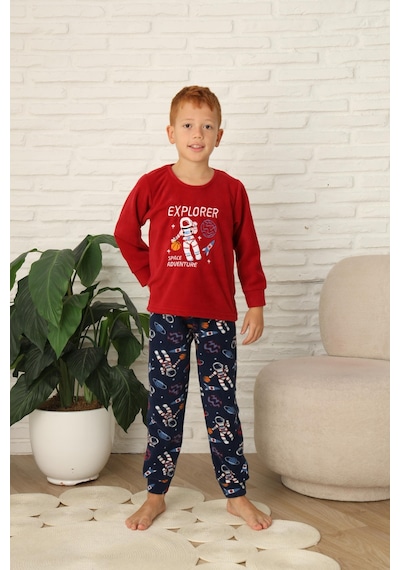Yeni Stil Sonbahar/kış Erkek Çocuk Uzay Figür Astronot Desen Polar Pijama Takımı 4565 Kırmızı