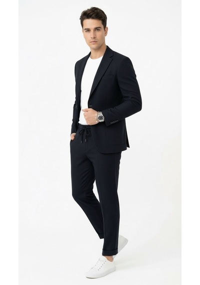 Pike Kumaş Jogger Pantolonlu Erkek Takım Elbise Torba Cepli Tek Düğme Slim Fit Kombin Siyah