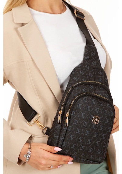 Newish Polo Kadın Deri Monogram Desenli Çapraz Bel Göğüs Ve Omuz Çantası New218- Siyah