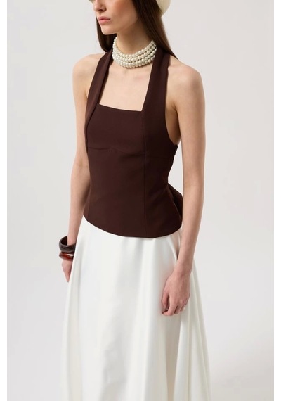 Defymoda Kalın Askılı Crop Bluz Kahverengi