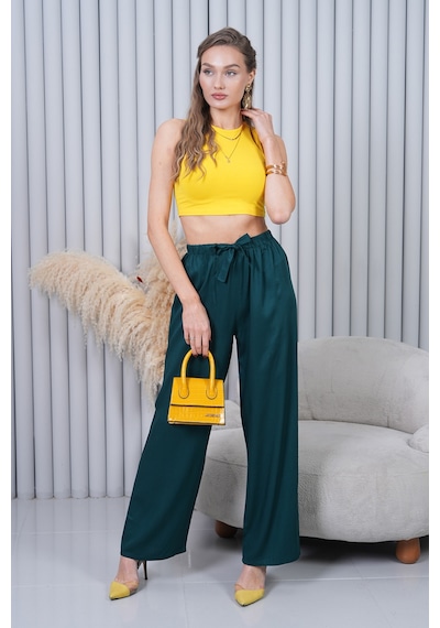Polologin Butik Beli Bağcıklı Yüksek Bel Bol Paça Zümrüt Yeşili Pantolon Yeşil