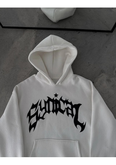Kadın Kapüşonlu Kanguru Cepli Sweatshirt 3 İplik Pamuklu Baskılı Hoodie - Beyaz
