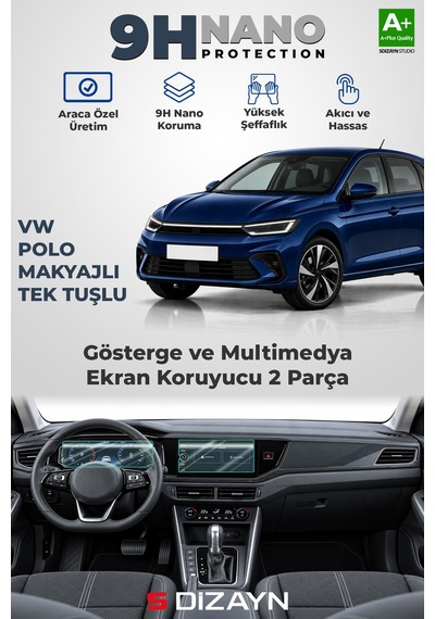 S-dizayn Volkswagen Polo Makyajlı Tek Tuşlu 9h Nano Gösterge Ve Multimedya Ekran Koruyucu 2'li Set Parlak 2024 Üzeri A+ Kalite