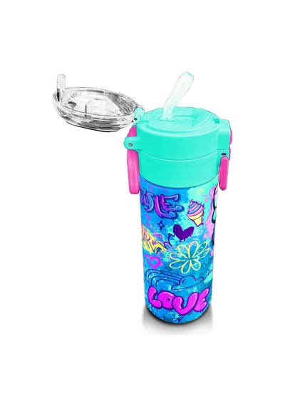 Coral High Kids Lavanta Su Yeşili Grafiti Desenli Pipetli Ve Direkt İçim Çelik Termos 500 Ml 31971 Lacivert Gül