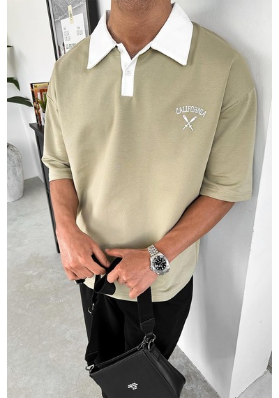 Su Yeşili California Polo Yaka Outplenty Premium Oversize Tişört Su Yeşili