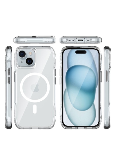 Bix iPhone Uyumlu 14 Plus / 15 Plus Octagon Hava Yastıklı Magsafe Kılıf Maksimum Korumalı Antrasit Kristal Şeffaf