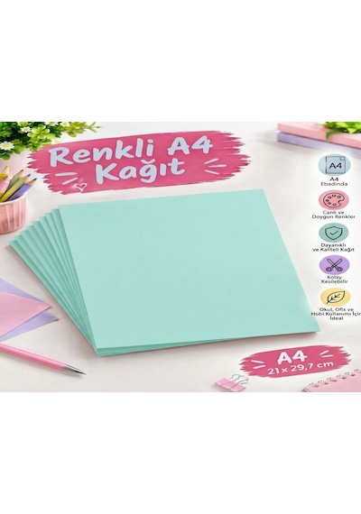 Su Yeşili Renkli Fotokopi Kağıdı A4 500 Adet Renkli Yazıcı Ve Ofis Kağıdı, Okul Ve Hobi Kağıdı
