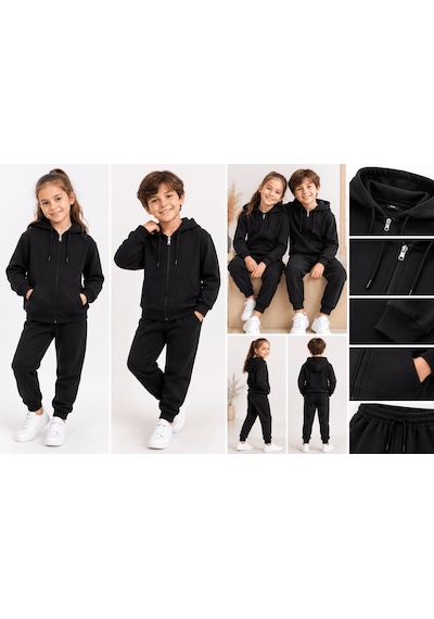 Eray Alp Kids Unisex Çocuk Siyah Kapüşonlu Fermuarlı Eşofman Takımı Günlük Rahat Kombin