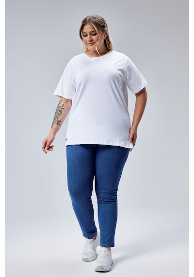 Banega Curve Büyük Beden Beyaz Boyfriend Bisiklet Yaka Yırtmaçlı Pamuk Örme T-shirt Beyaz