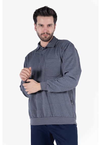 İki İplik Polo Yaka Cepli Sweatshirt Füme Melanj