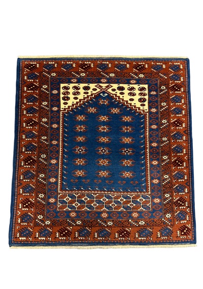 El Dokuma Sıfır Yağcıbedir Seccade 113x120 Mavi Kahve Kök Boya %100 Yün Namazlık