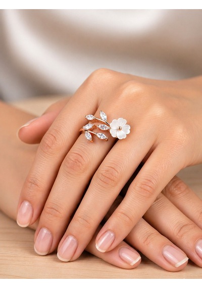 Çekirdekjewelry 925 Ayar Gümüş Manolya Çiçekli Ayarlanabilir Yüzük Pembe