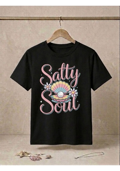 Retro İstiridye Ve İnci Baskılı Kompakt T-shirt Siyah