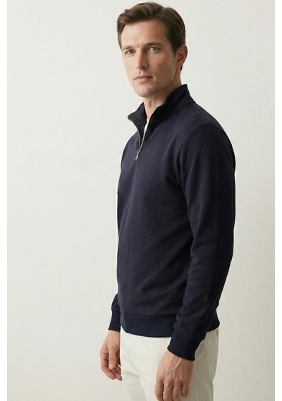 Elemge Pamuklu Erkek Sweatshirt Lacivert Soft Touch Relax Fit Yarım Fermuarlı Dik Yaka 3 Iplik Nefes Alan