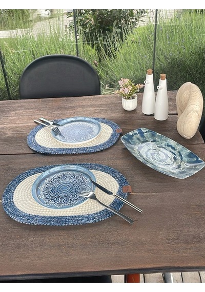 Bohem Tarz 2 Li Doğal İp Amerikan Servis Hasır Görünümlü, Leke Tutmaz, Mavi/beyaz 40x28 Cm Beyaz/mavi