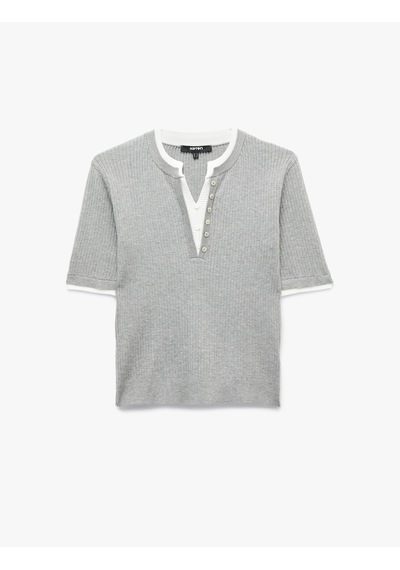 Koton Regular Fit Kısa Kollu Katmanlı Henley Yaka Düğmeli Triko Kazak Antrasit 7wak90467ht
