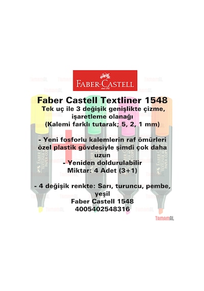 Faber Castell Fosforlu Kalem Sarı Pembe Yeşil Turuncu 3+1 Çok Renkli