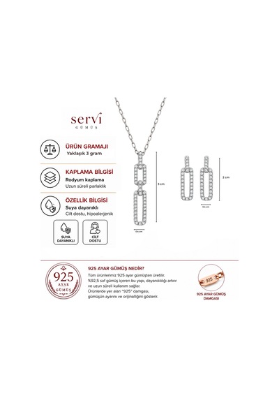 Servi 925 Ayar Gümüş Chain Glow Işıltılı Ataç Kolye Ve Küpe Set-545