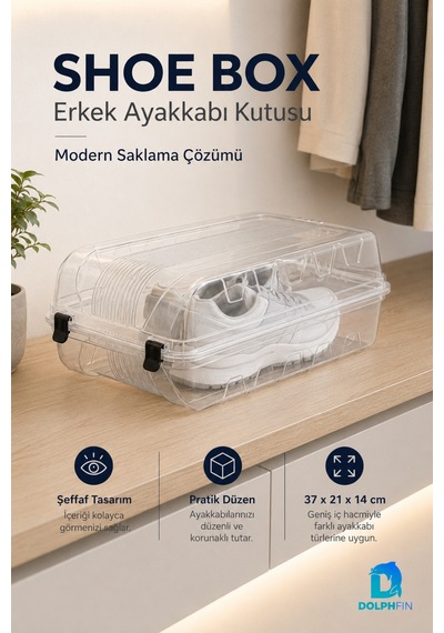 Erkek Ayakkabı Kutusu 37x21x14 Cm Plastik Dolap İçi Düzenleyici Şeffaf