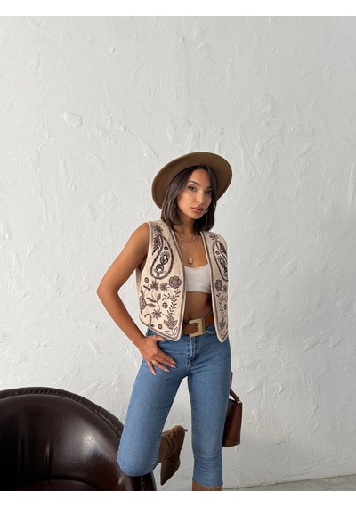 Verymoda Fitili Kadife Nakışlı Yelek Vmf2010 Taş