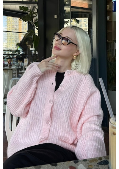 Madmext Pembe Bisiklet Yaka Selanik Örgü Düğmeli Kadın Hırka Mg2487 Pembe