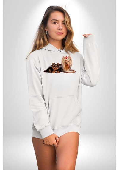 Yorkshire Teacup Ve Anne Köpek Kadın Erkek Beyaz Kapüşonlu Sweatshirt Hoodie Beyaz
