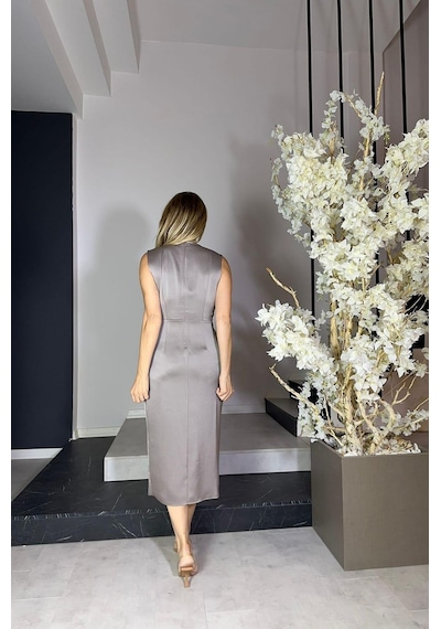Ges Moda G1207 Drape Ve Kemer Detaylı Saten Tasarım Elbise Vizon Vizon