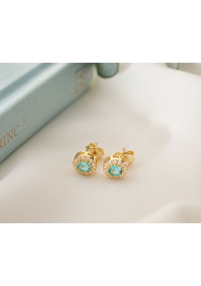 925 Ayar Gold Zirkon Taşlı Yuvarlak Aralık Ayı Blue Topaz Gümüş Küpe