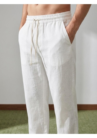 Danger Erkek Baggy Kalıp Beli Lastikli Pamuk Keten Görünümlü Pantolon Ekru 1007dngr